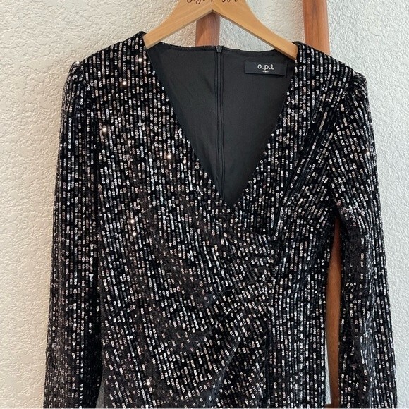 O.P.T. Black Sequin Velvet Long Sleeve Mini Dress Size Medium - Picture 5 of 15